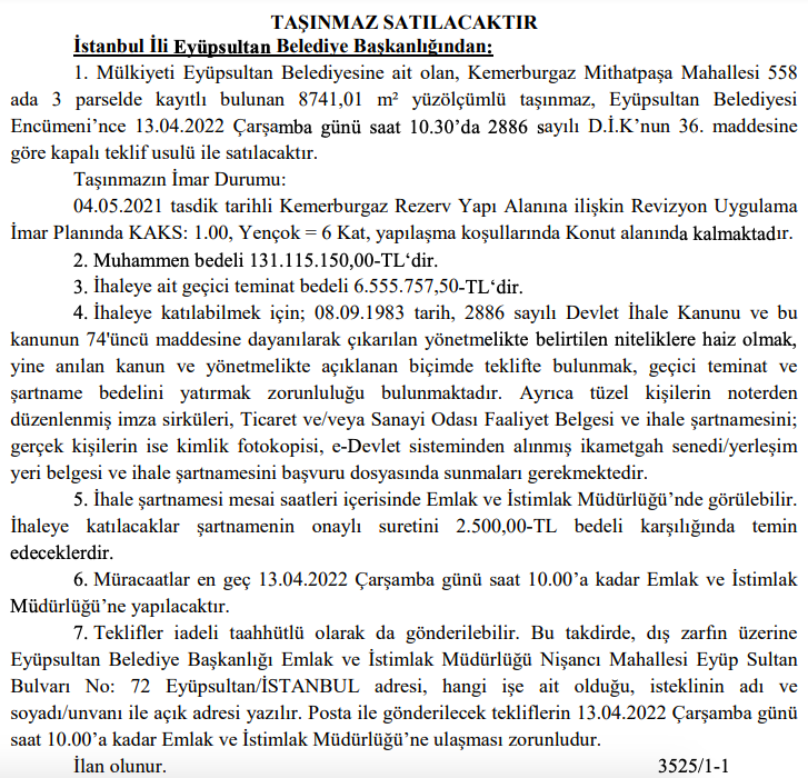 eyüpsultan belediyesi kemerburgaz arsa ihalesine ait metin