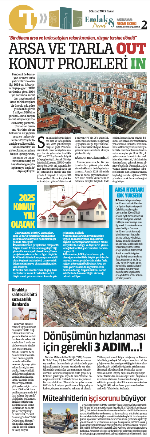 necmi çiçekçinin türkiye gazetesinde hazırladığı emlak trend sayfası 9 şubat 2025